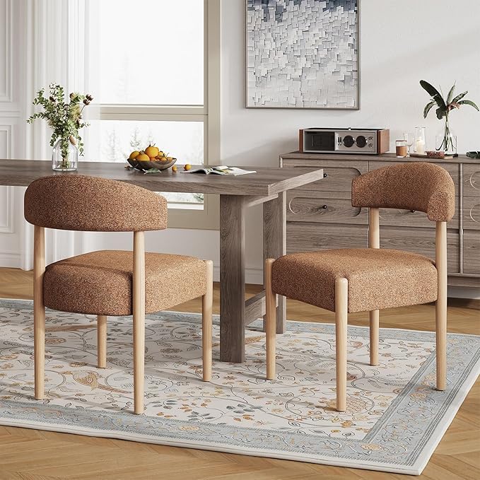 VKNOW Wooden Dining Chairs Set of 2, Modern Upholstered Dining Room Chairs with Rubberwood Legs and Curved Backrest, Fabric Kitchen Chairs for Farmhouse/Living Room/Dining Room, Orange