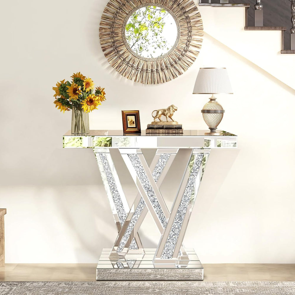 Modern Entryway Console Table with Crushed Diamond Inlay, 35.43" Silver ...