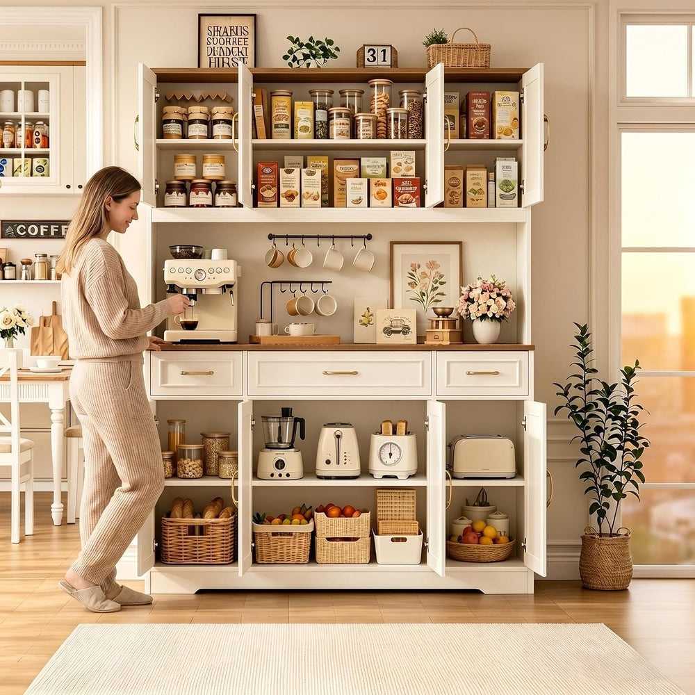 71" Tall Farmhouse Kitchen Pantry Cabinet, 55" Wide Storage Hutch w...