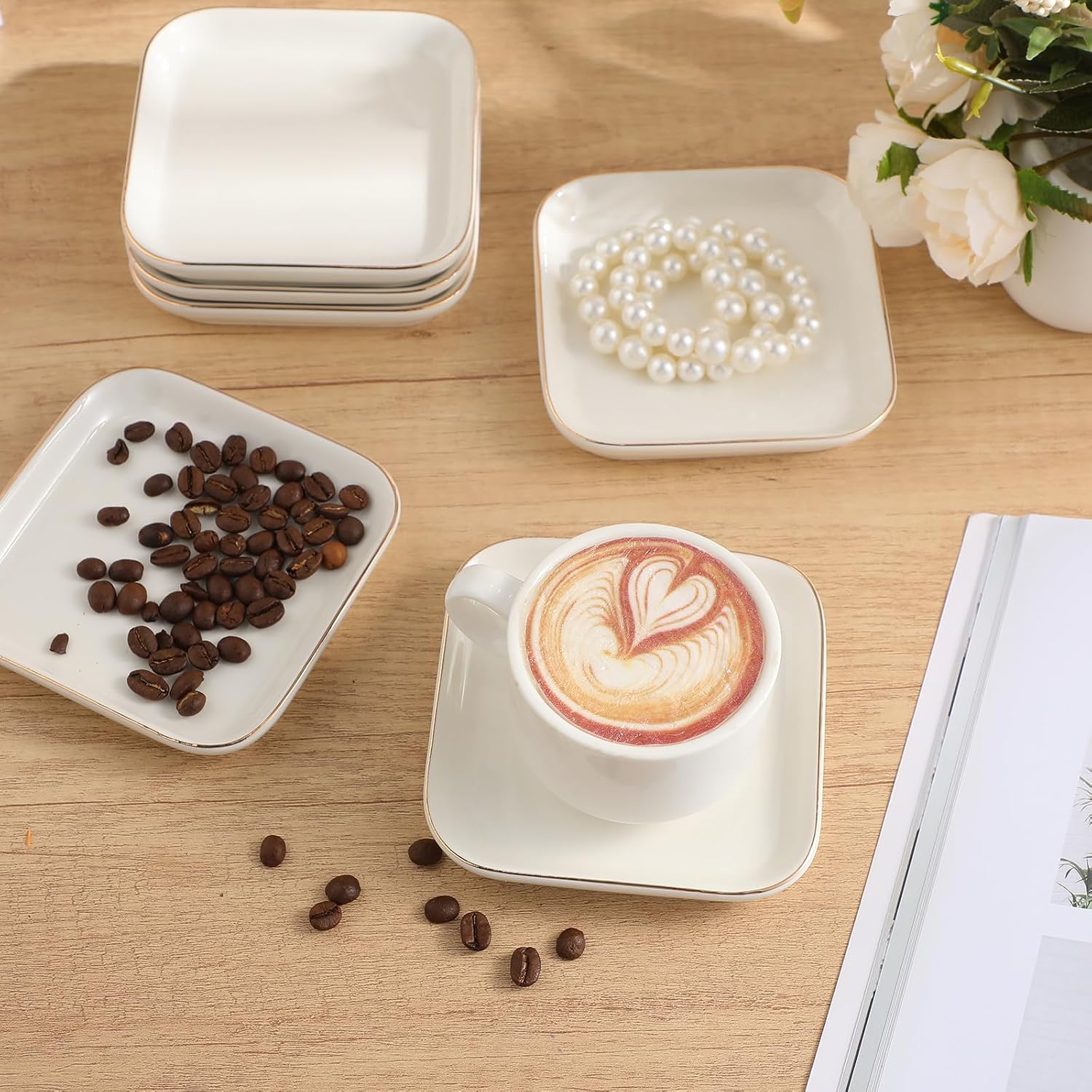 Shappy 6 Pcs White Ceramic Jewelry Tray 4.5 in Ring Holder Trinket Dish for Christmas Friendship Wedding Birthday Gifts(Square)