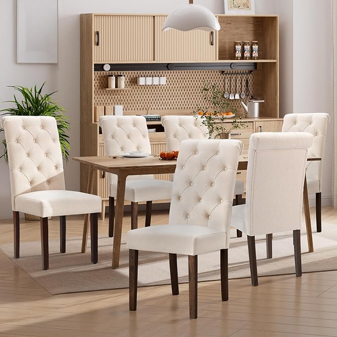 Dining Chairs Set of 6, Button Tufted Parsons Upholstered Chairs with Solid Wood Legs, Mordern Fabric Kitchen Chairs for Dining Room, Beige