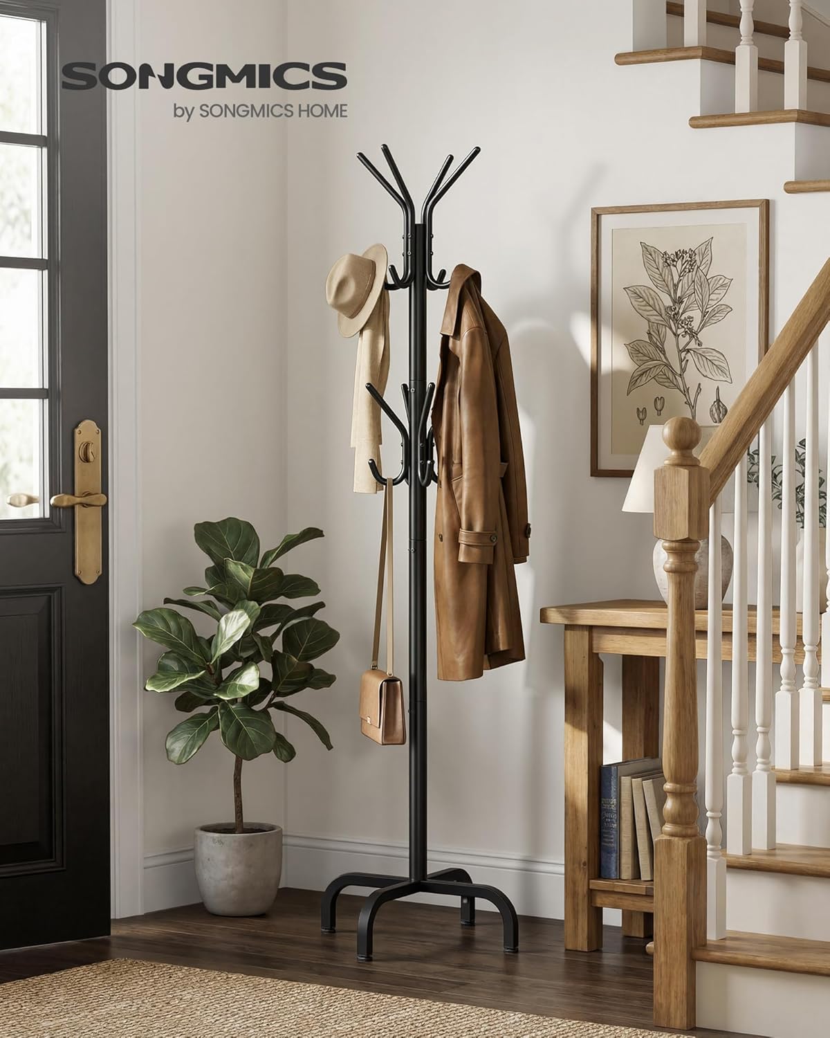 SONGMICS Coat Rack Freestanding with 16 Hooks, Metal Coat Tree Stand with 4 Adjustable Feet, Clothes Hanger Stand for Entryway Bedroom Living Room Hallway Office, Ink Black URCR083BH01S