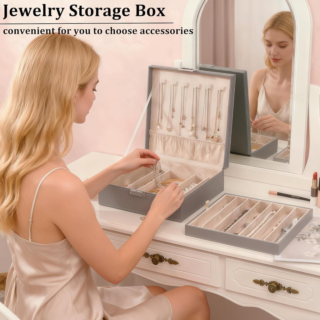 BEWISHOME 2-Layer Necklace Jewelry Box, Modern Style Necklace Storage, PU Leather Jewelry Box for Necklaces, Bracelet, Necklace Case for Women, Girls, Mom (Grey SSH31H)