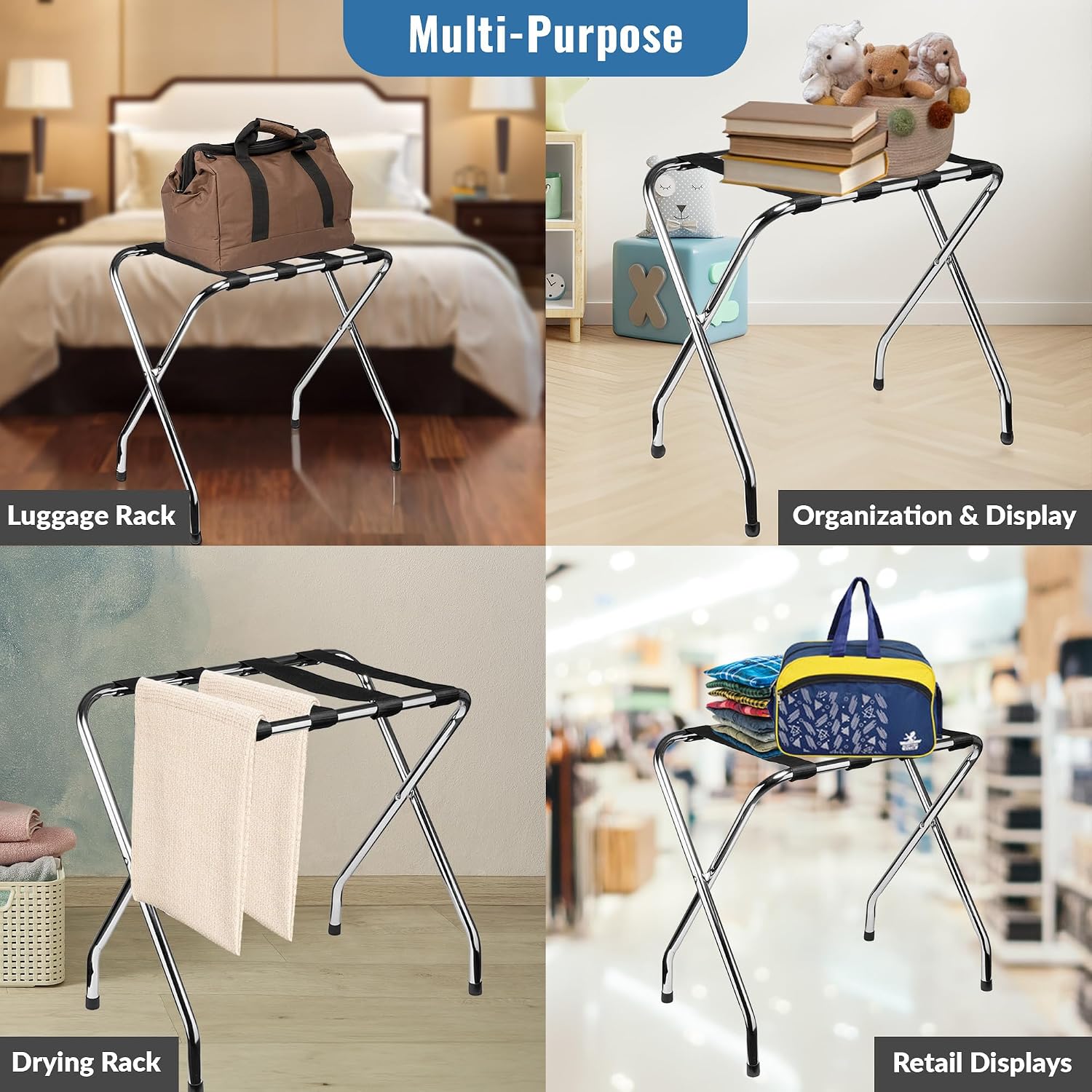 Luggage Rack-Single Tier, Pack of 1, Chrome, Foldable Rack for Guest Room