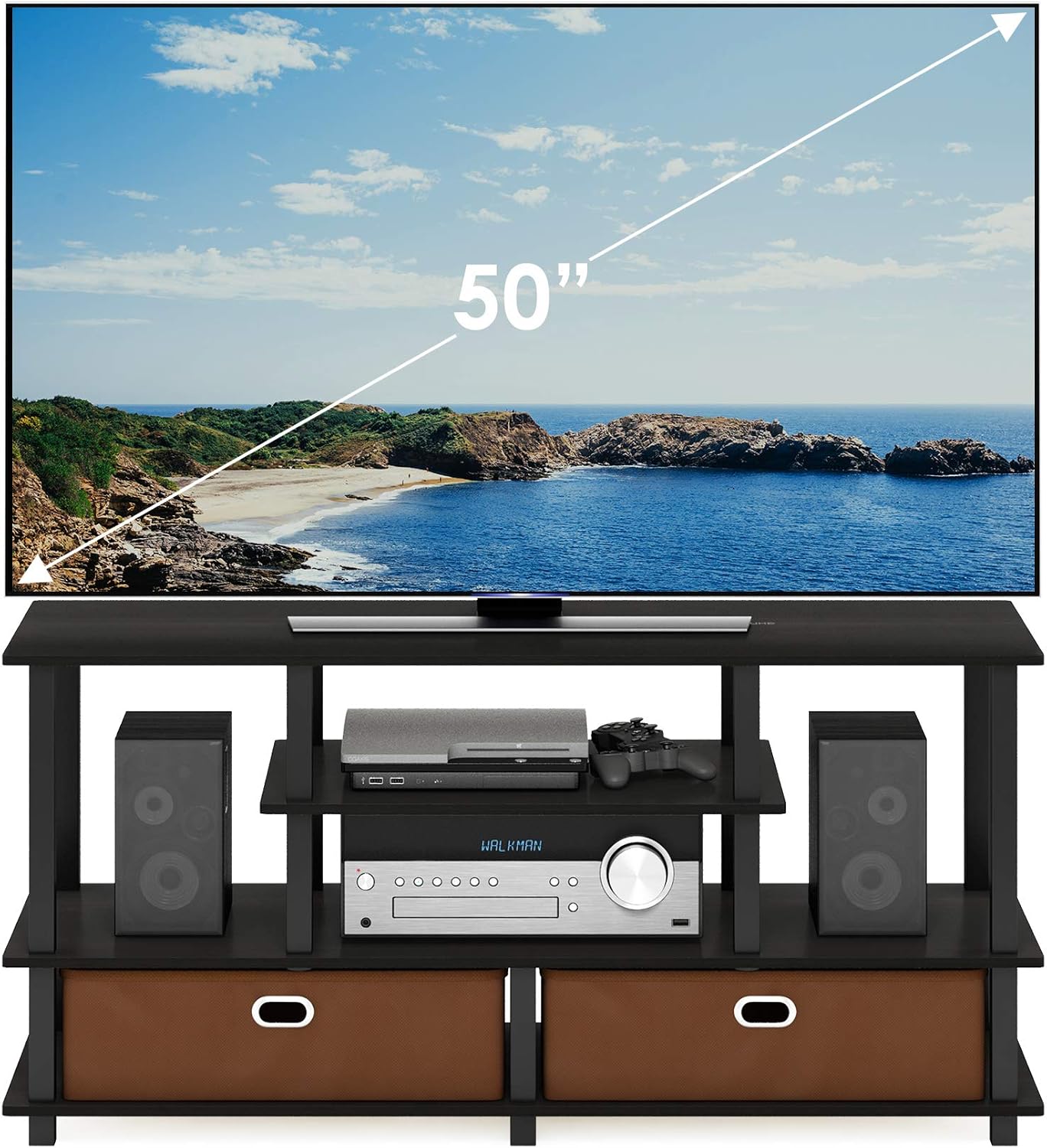 Furinno Jaya Toolless Assembly TV Stand for TV up to 55 Inch, 4-Tier Entertainment Center, TV Console with 2 Storage Bins, for Living Room, Bedroom, Home Office, Black Espresso