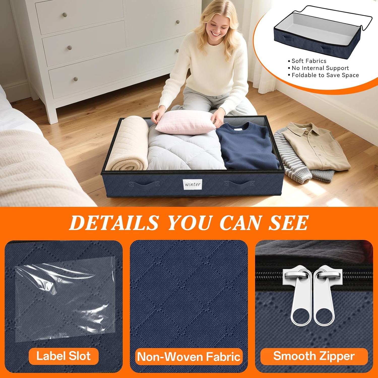 SpaceWhisper 90L Under Bed Storage Containers, 6-Pack Storage Bins with Clear Top, Foldable Closet Organizers and Storage with Label Holder for Clothing, Blankets, Comforter & Pillows(Blue)