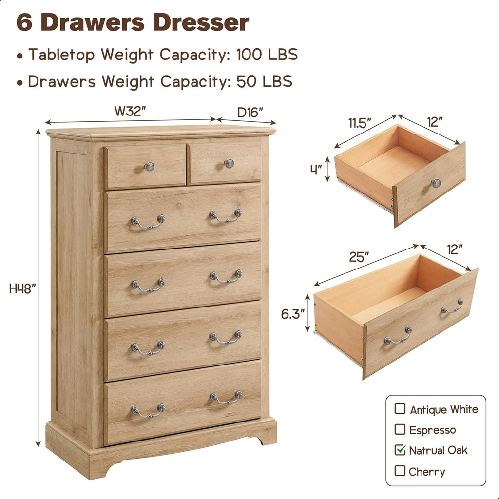 T4TREAM 6 Drawers Dresser Chests for Bedroom, 48" Tall Rustic Chset of Drawers, Wood Dressers Organizer for Bedroom, Living Room,Hallway, Natural Oak