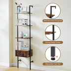 4 Tier Wall Ladder Bookshelf with Drawers, Wall Mounted Shelf, Wooden Wall Ladder Shelf Bookcase, Industrial Ladder Shelf with Storage Shelves for Office, Bedroom, Living Room, Rustic Brown