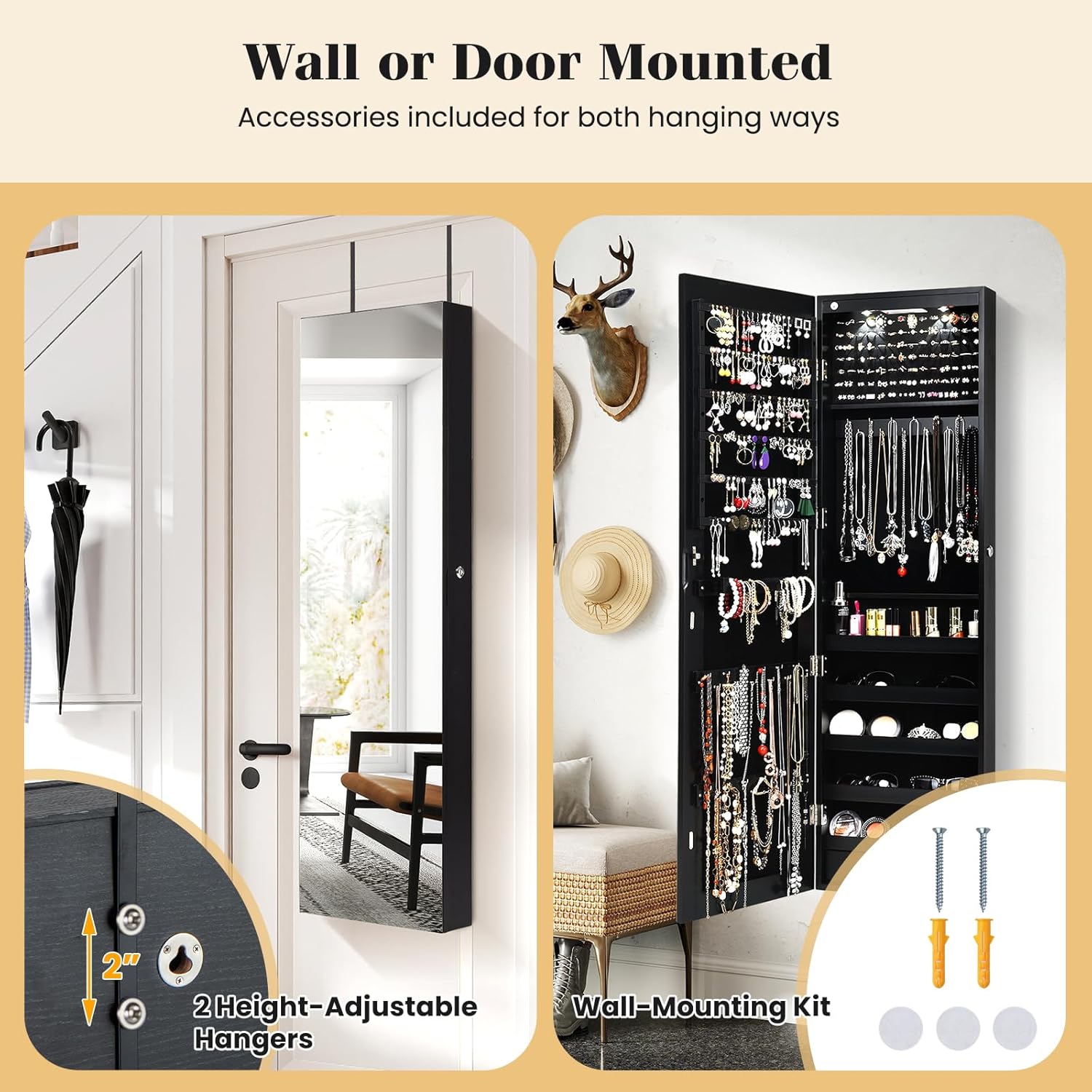 Giantex Wall Door Mounted Jewelry Armoire Cabinet with 47.5" H Full Length Mirror, 2 LEDs Lockable Jewelry Organizer Box with Bracelet Rod, 2 Drawers, Large Storage Capacity (Black)
