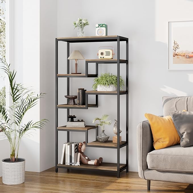 Solid Wood Industrial Tall Bookshelf - 7 Tier Staggered Bookshelves, 55’’H Rustic Brown Vintage Bookcase, Free Standing Open Bookshelf, Shelving Units Organizer for Bedroom Office Living Room.