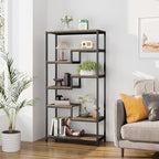 Solid Wood Industrial Tall Bookshelf - 7 Tier Staggered Bookshelves, 55’’H Rustic Brown Vintage Bookcase, Free Standing Open Bookshelf, Shelving Units Organizer for Bedroom Office Living Room.