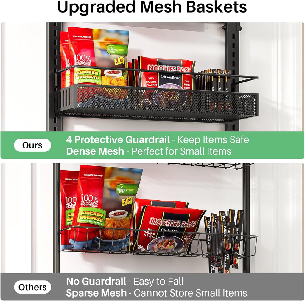 SNTD Over the Door Pantry Organizer - 8 Tier Adjustable Pantry Door Spice Organizer, Large Capacity Hanging Door Spice Rack for Kitchen Pantry Organizers and Storage (Black, 17" W x 6" D x 69" H)