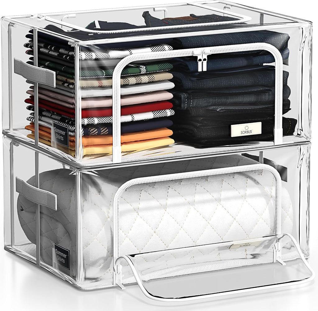 Sorbus Storage Bins with Metal Frame - Stackable & Foldable Clothes Organizer Bags - Clear Soft Plastic Storage Containers (2 Pack, Small)