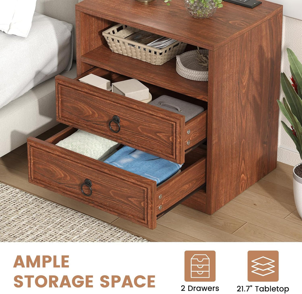 VVFLU Farmhouse Nightstand with Charging Station, 21.7" Wide End Table w...
