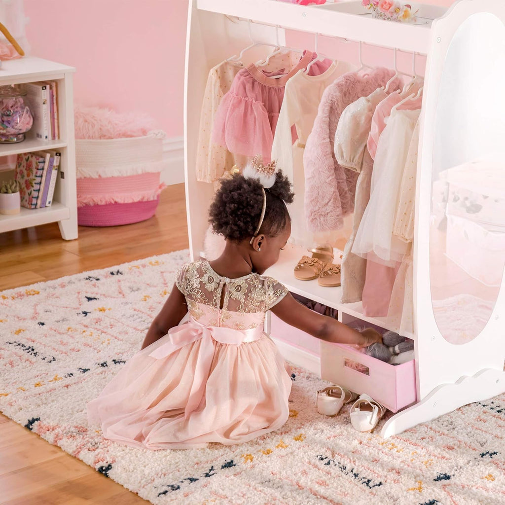 Guidecraft Dress Up Storage – White: Dramatic Play Costume Rack with Mirror and Tray for Toddlers - Kids Armoire, Dresser with Fabric Storage Bins