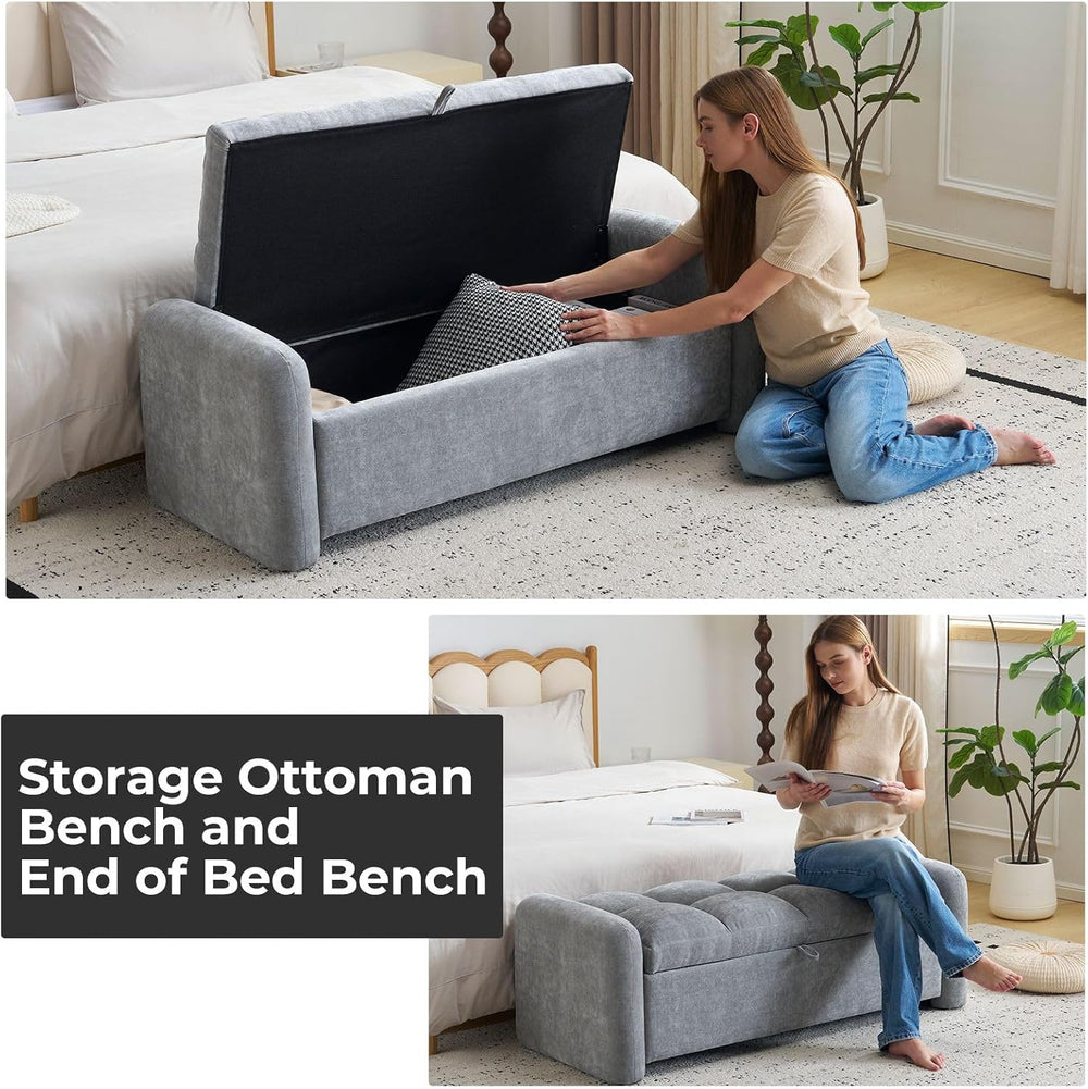 Oversized Chenille Ottoman Bench with Storage, Upholstered End of Bed Bench f...