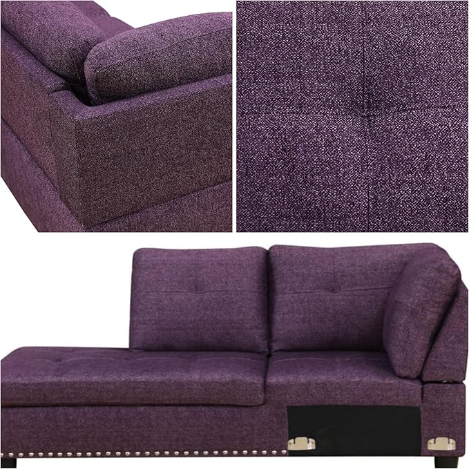 L-Shaped Sectional Sofa with Movable Chaise & Storage Ottoman, Lounge 3-Piece Modular Convertible Couches for Living Room, Apartment & Office, Deep Purple