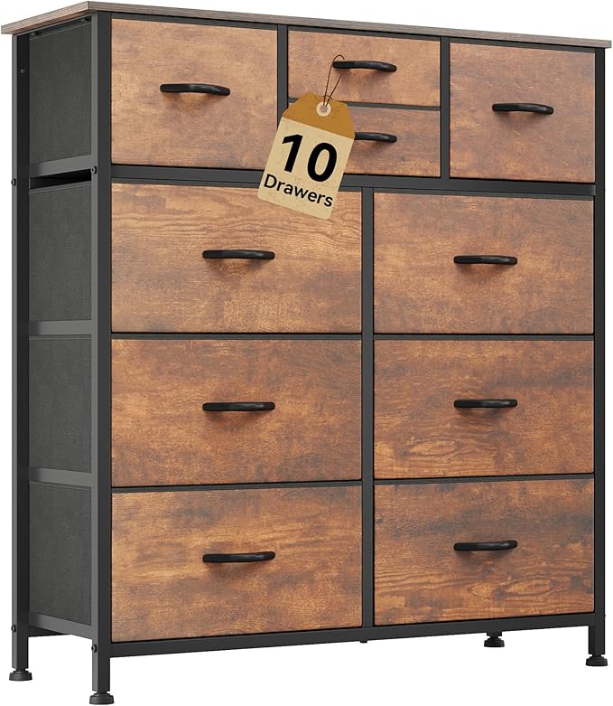DWVO Dresser with 10 Drawers - Fabric Storage Tower, Organizer Unit for Living Room, Hallway - Sturdy Steel Frame, Wooden Top & Easy Pull Fabric Bins