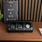 DailyWatch | Watch Roll Travel Case For 3 Watch | Luxury Watch Case In Genuine Black Leather With Soft Velvet Interior | Watch Case Protect, Store, & Display Your Watches | Black Green
