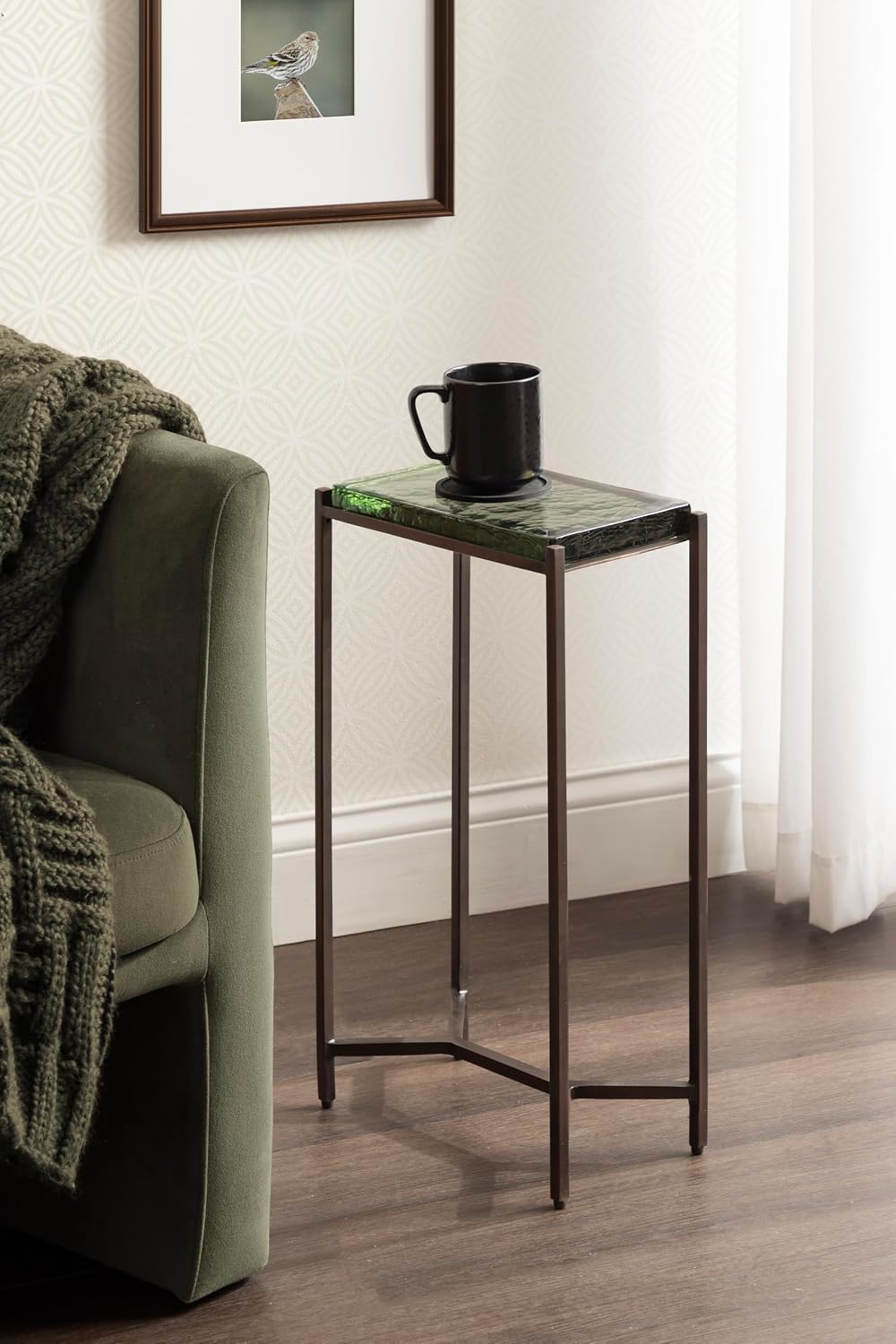 Kate and Laurel Aguilar Modern Glam Slim Side Table, 12 x 7 x 22, Green Glass...