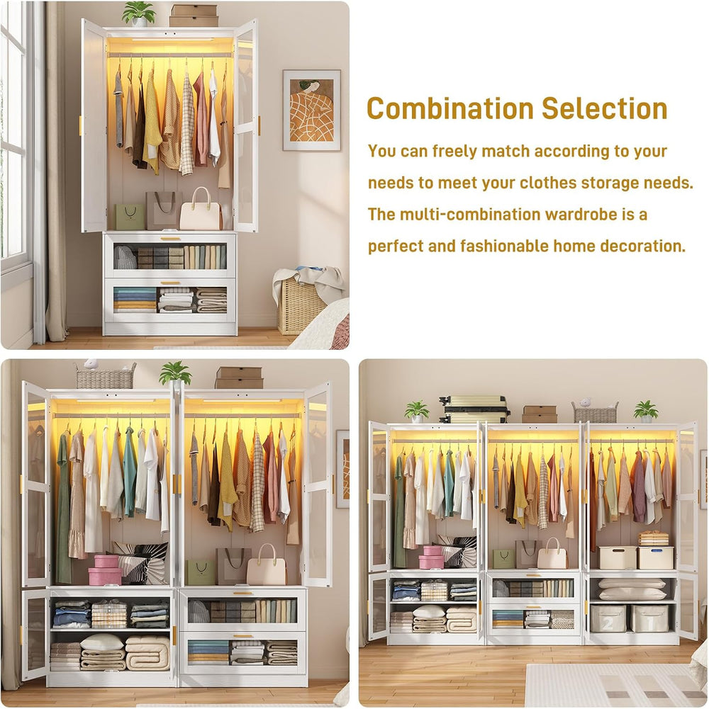 4 Doors Armoire Wardrobe Closet with LED and Mirror,71" H Freestanding W...