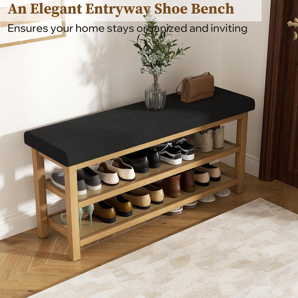 2 Tier Shoe Rack Bench with Cushion, Rubberwood Shoe Benches, Mid-Century Mod...