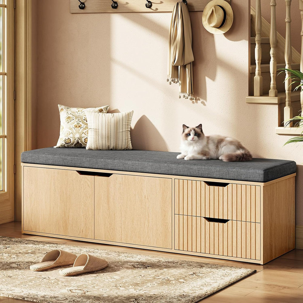 59" Storage Bench with Drawer, 2-Tier Shoe Bench with Doors, Long Entryw...