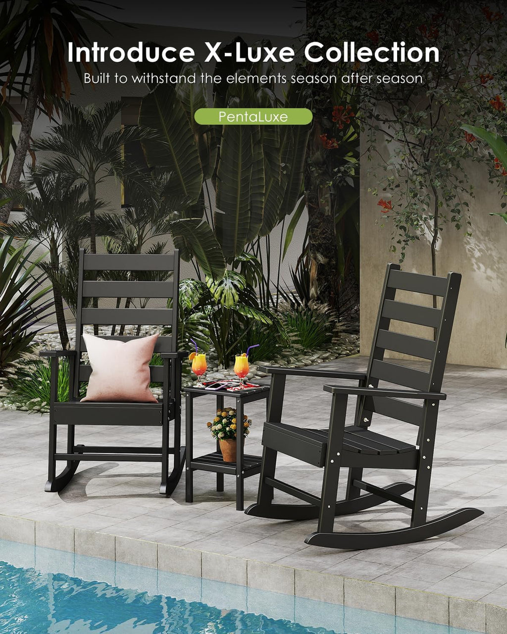 GREENVINES Outdoor Rocking Chairs Set of 2, HDPE Porch Rockers, Black | Big & Tall | Heavy Duty Patio Rocker Chair | All Weather | Low Maintenance | 350LBS Capacity for Balcony Garden Backyard