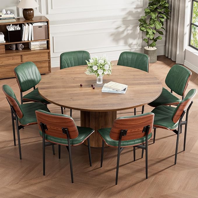 Dining Chairs Set of 4, Mid-Century Modern Upholstered PU Leather Chairs with Walnut Bentwood Back and Metal Legs Adjustable Feet for Kitchen Dining Room, Dark Green Shell Strips