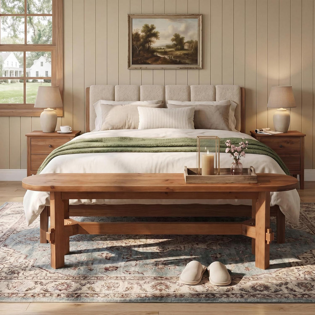 Solid Wood Dining Bench, 55" Wooden Entryway Bench with Thick Block Seat, Farmhouse Rustic Indoor Bench for Dining Table, End of Bed, Hallway, Bedroom, Living Room