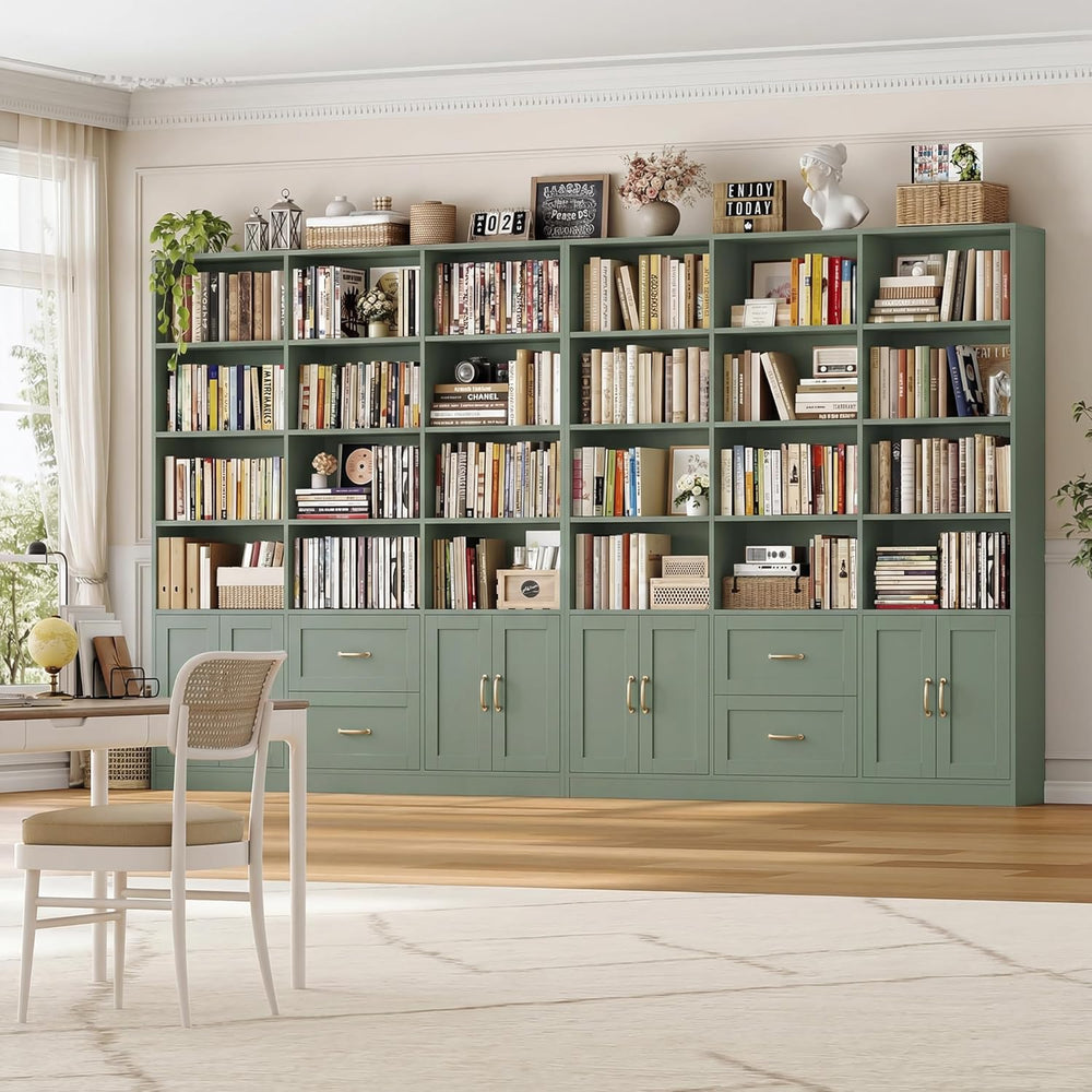 HOSTACK 71" Tall Triple Wide Bookshelf with Storage Drawers & Doors,...