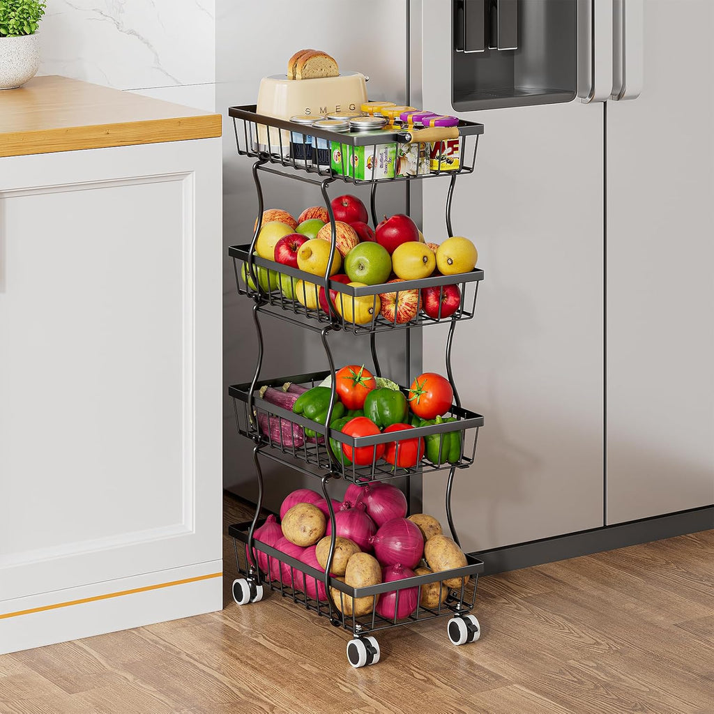 Stackable Fruit Vegetable Basket 4 Tier Kitchen Storage Rolling Cart | metal frame, 9.4“ width for small ppace, easy assembly, veggie rack for potato onion produce apple banana, move smoothly