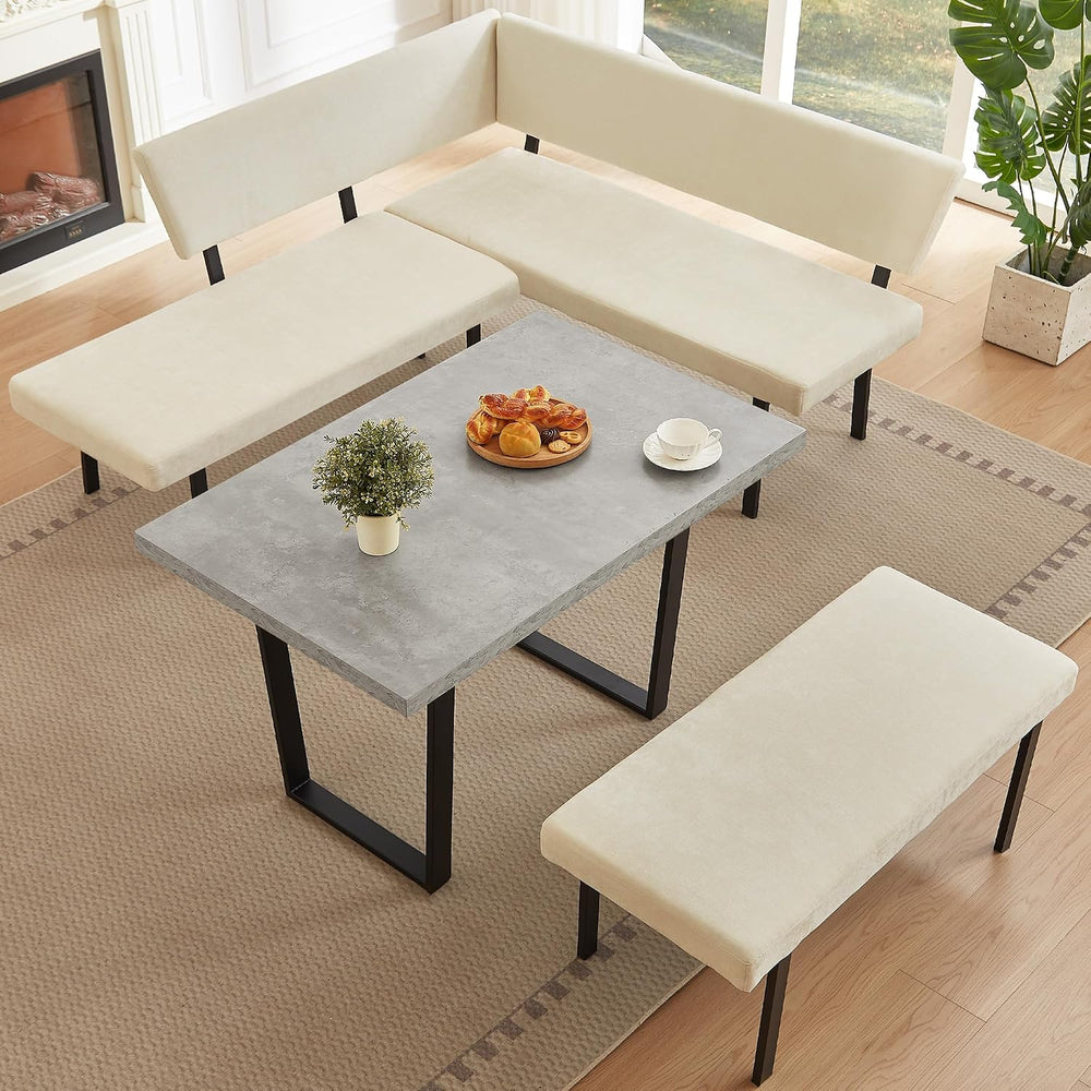 HIPIHOM 3-Piece Dining Table Set with Bench, Grey Table with Beige Bench | Th...
