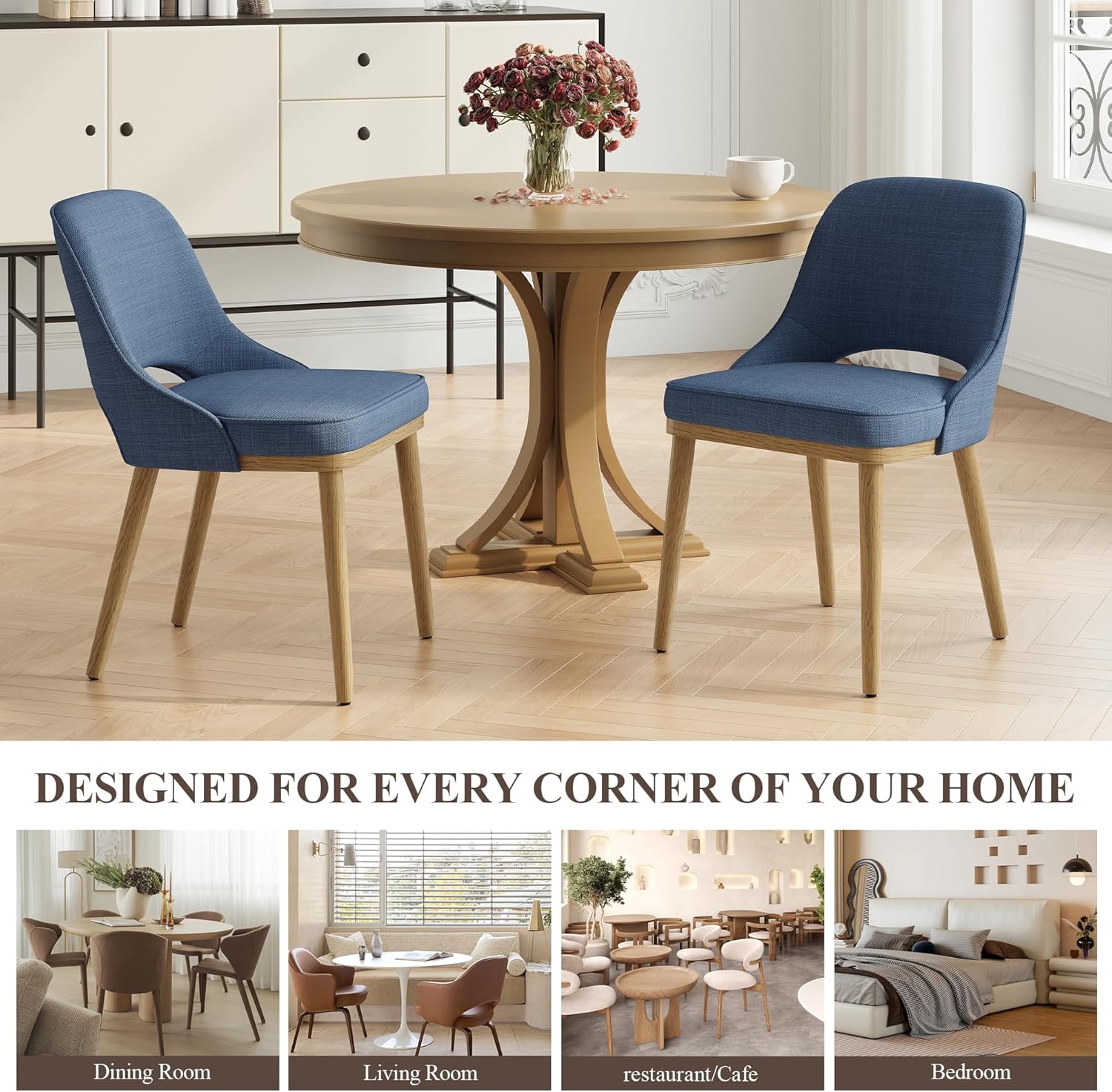 MALOL Wooden Dining Chairs Set of 2, Modern Fabric Upholstered Dining Room Chair, Kitchen Side Chairs, Farmhouse Armless Dinner Chair with Open Back for Kitchen, Blue