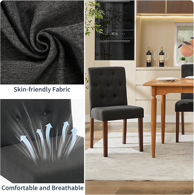 Upholstered Dining Chairs Set of 2, Modern Fabric Kitchen Side Chairs with Sturdy Wood Legs, Parsons Design, Comfortable Soft Linen for Dining Room, Restaurant, Cafe, Black