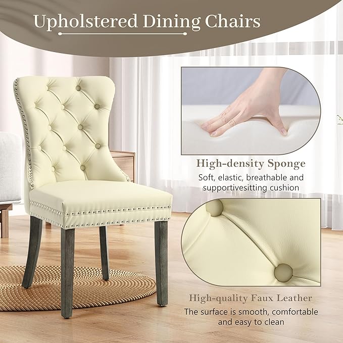 KCC Faux Leather Dining Chairs Set of 4, Upholstered High-end Tufted Dining Room Chair with Nailhead Back Ring Pull Trim Solid Wood Legs, Contemporary Nikki Collection Modern Style for Kitchen, Beige