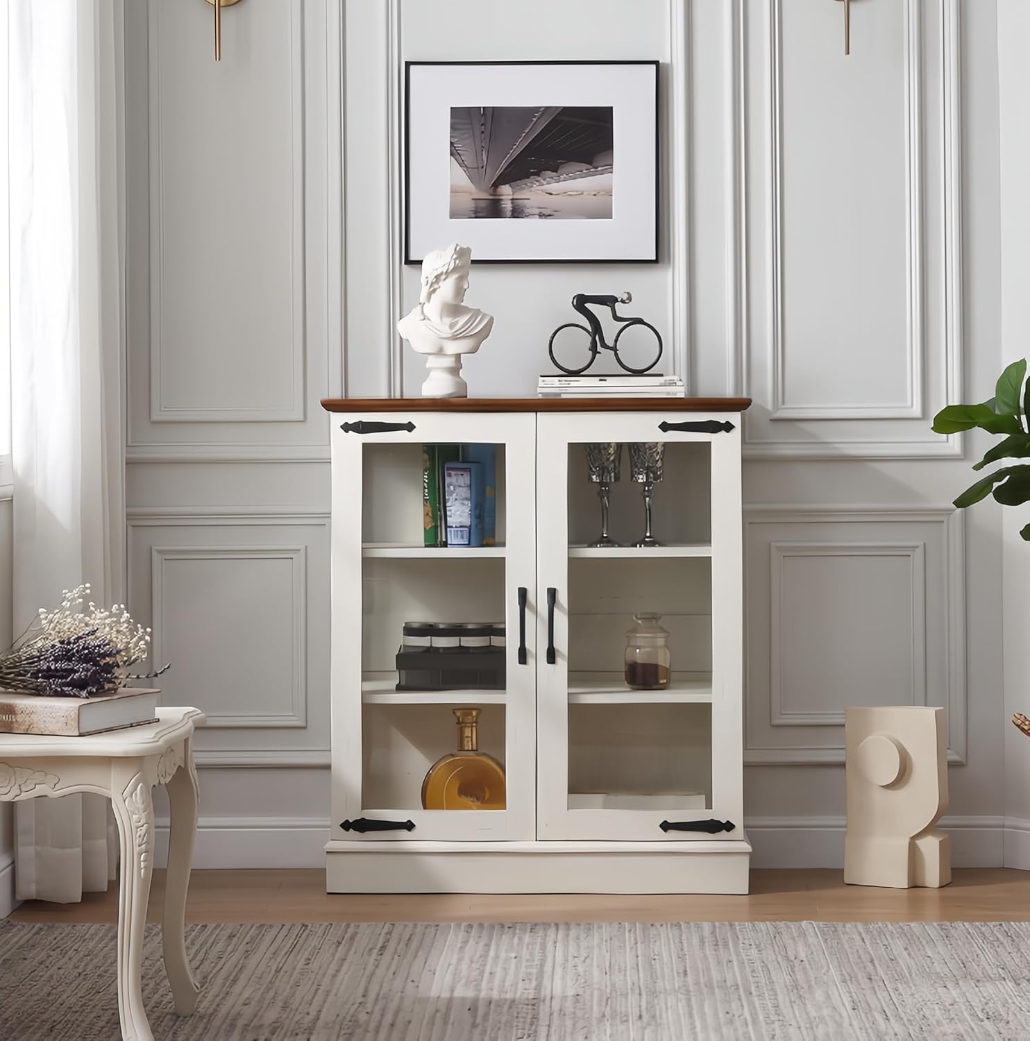 FOREST GRAVITY 31.5'' Small Display Buffet Cabinet with Glass Doors for Great Showcase,Small Coffee bar Cabinet with one Adjustable Shelf and one Fixed Shelf,Modern Sideboard Buffet for Kitchen,White