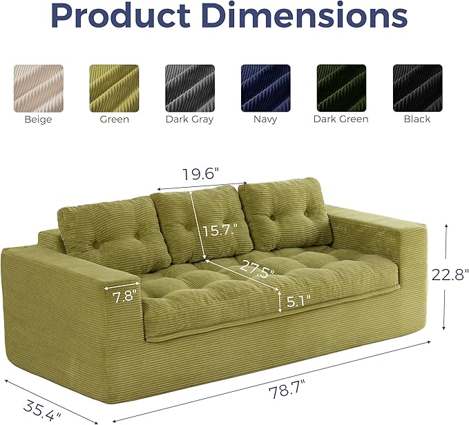 MAXYOYO 79" Loveseat Sofa Couch for Small Spaces, Upholstered Boneless Cloud Couch for Apartment Bedroom, 2-Seater Love Seat Floor Modern Sofa with Pillows, No Assembly Required, Green