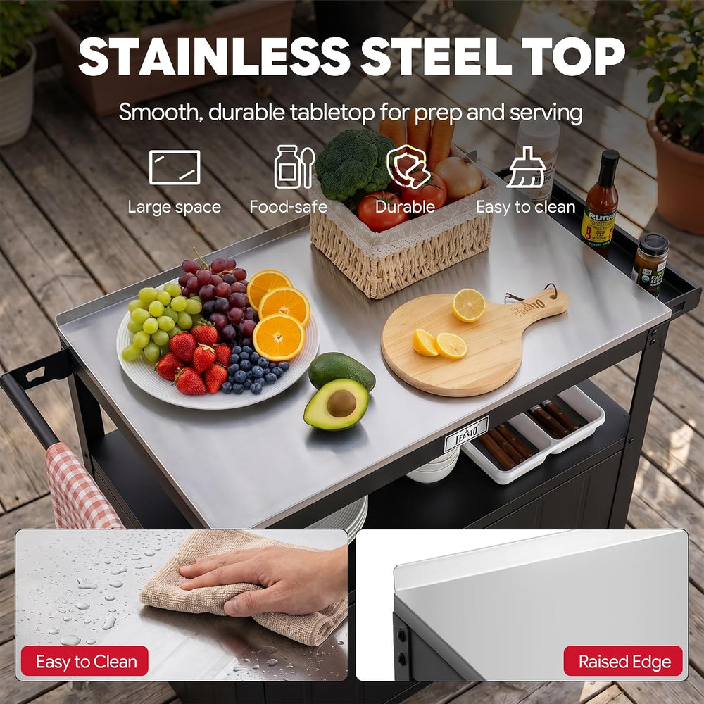 Feasto Outdoor Grill Cart w/Storage Cabinet, Stainless Steel Top, Black