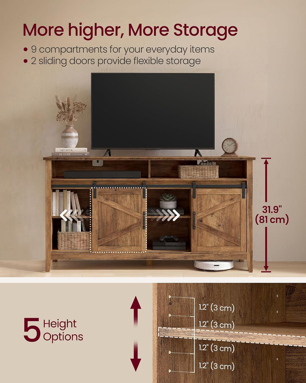 VASAGLE Tall Farmhouse TV Stand, Entertainment Center with Barn Doors, Storage Media Console Cabinet for Living Room, Bedroom, 58.3 x 15.7 x 31.9 Inch, Honey Brown, LIRY Collection ULTV031K101S