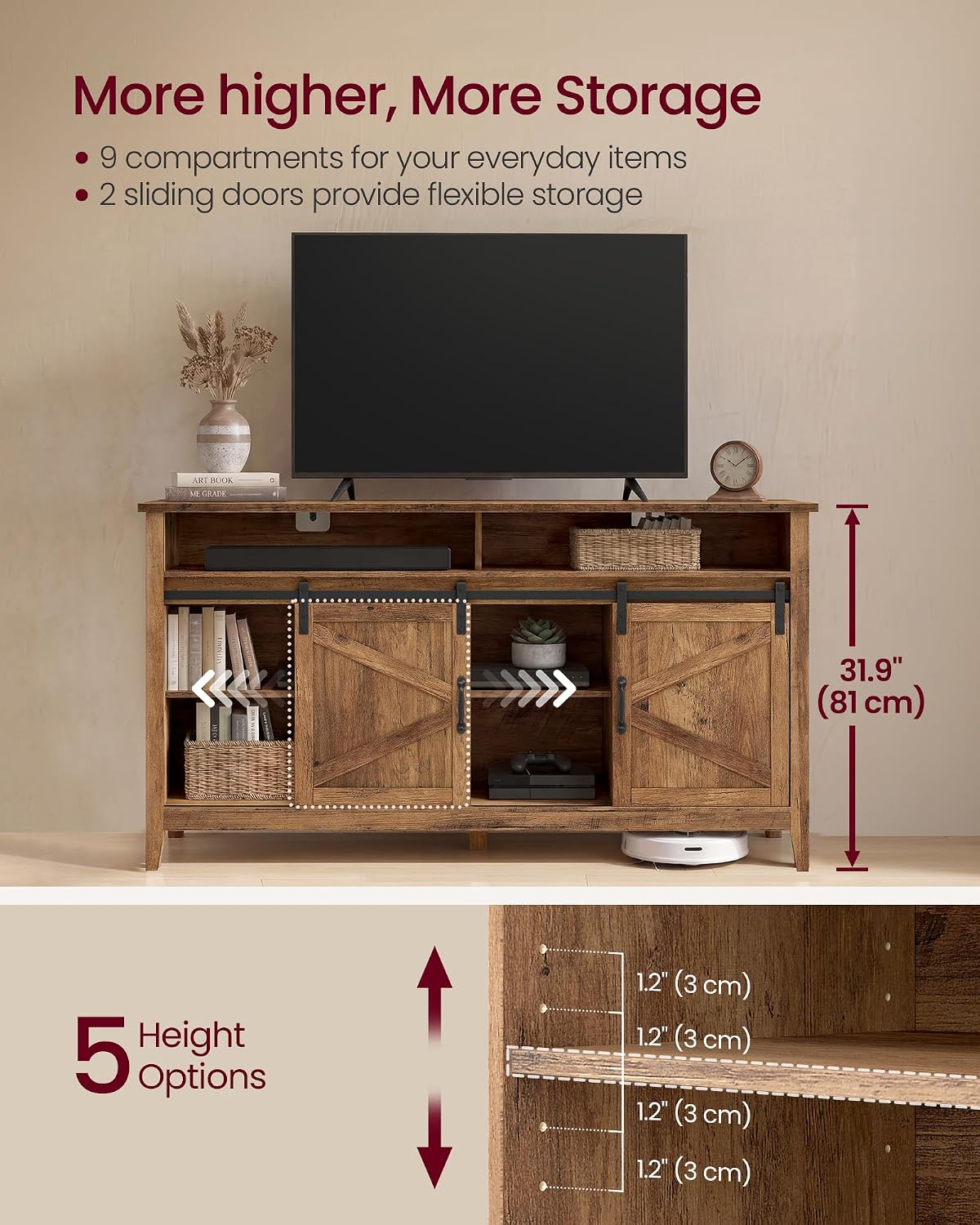 VASAGLE Tall Farmhouse TV Stand, Entertainment Center with Barn Doors, Storage Media Console Cabinet for Living Room, Bedroom, 58.3 x 15.7 x 31.9 Inch, Honey Brown, LIRY Collection ULTV031K101S