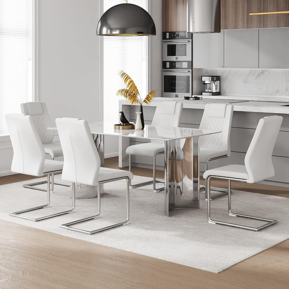 Marble Dining Table Set for 6,63" Kitchen Table Set of 6,Rectangle Dinin...
