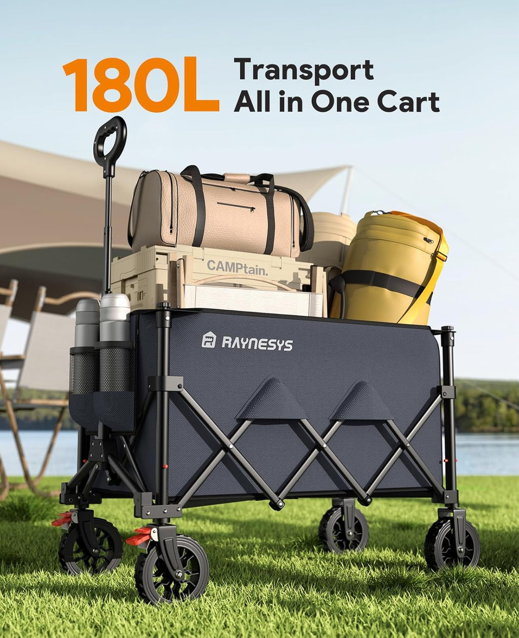 Wagons Carts Foldable, Collapsible Foldable Wagon 330lbs Capacity, 180L Large Capacity Wagon with All-Terrain Wheels,Heavy Duty Utility Wagon Cart with Brakes for Beach Camping Shopping, Grey