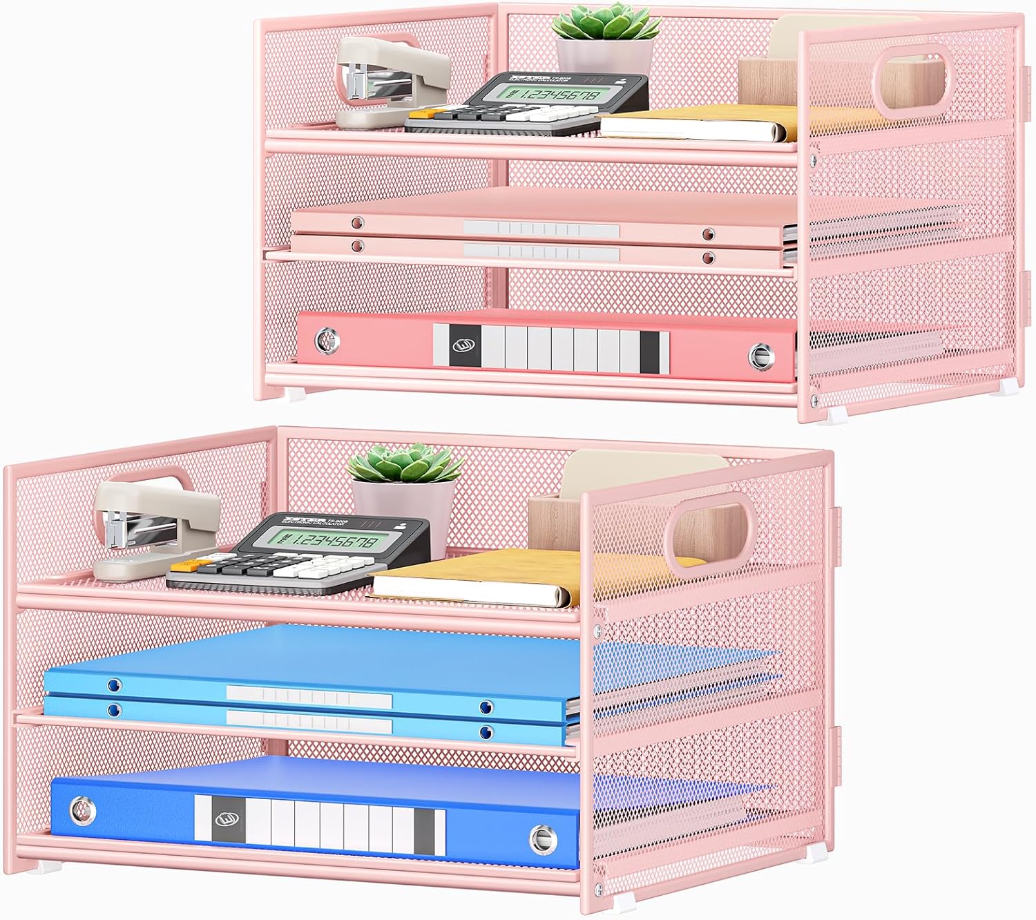 Subekyu 2-Pack 3-Tier Pink Metal Mesh Desk Paper Letter Tray & File Sorter Organizer with Handle + 1 Sliding Tray for Desk, Home, Office, School Supplies, A4 Paper and Accessories Storage