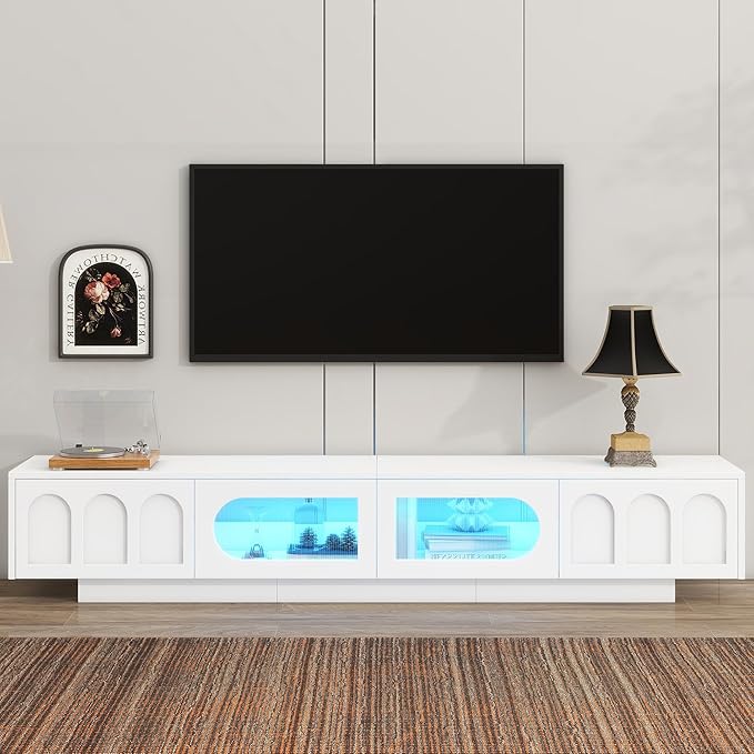 Ball & Cast Modern TV Stand with Fluted Tempered Glass Doors for TVs up to 95'', Entertainment Center w/Led Lights, Cabinets & 2 Drawers,Arched Door Design,Media Console for Living Room,White