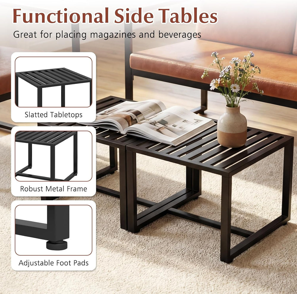 Giantex Indoor Square Side Tables, Set of 2 Metal End Tables with Slatted Tab...