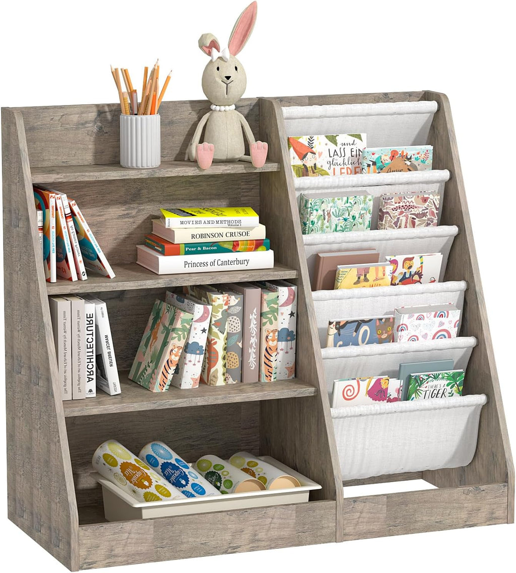 4 Tier Kids Bookshelf Wooden, Five Layer Sling Children Bookcase, Baby Toddler Storage Book Rack, Book and Toy Organizer Cabinet Chest, Book Display Shelf Stand, Playroom Nursery Classroom Library