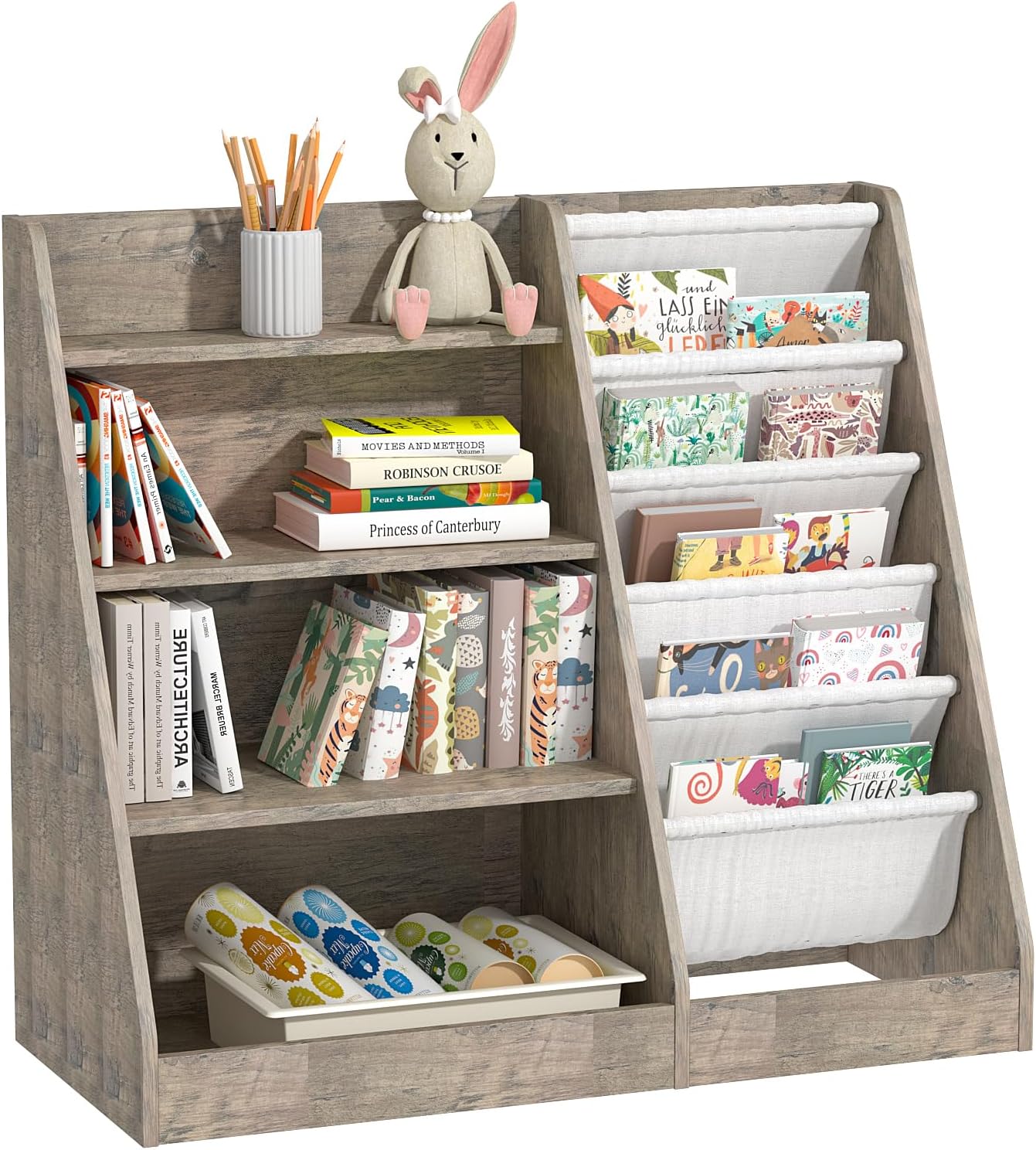 4 Tier Kids Bookshelf Wooden, Five Layer Sling Children Bookcase, Baby Toddler Storage Book Rack, Book and Toy Organizer Cabinet Chest, Book Display Shelf Stand, Playroom Nursery Classroom Library