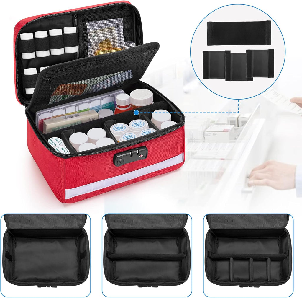 Damero Locking Pill Bottle Organizer with Inner Dividers, Medicine Storage and Organizer Bag Combination Lock for Medicine, Vitamins and Medical Supplies, Red