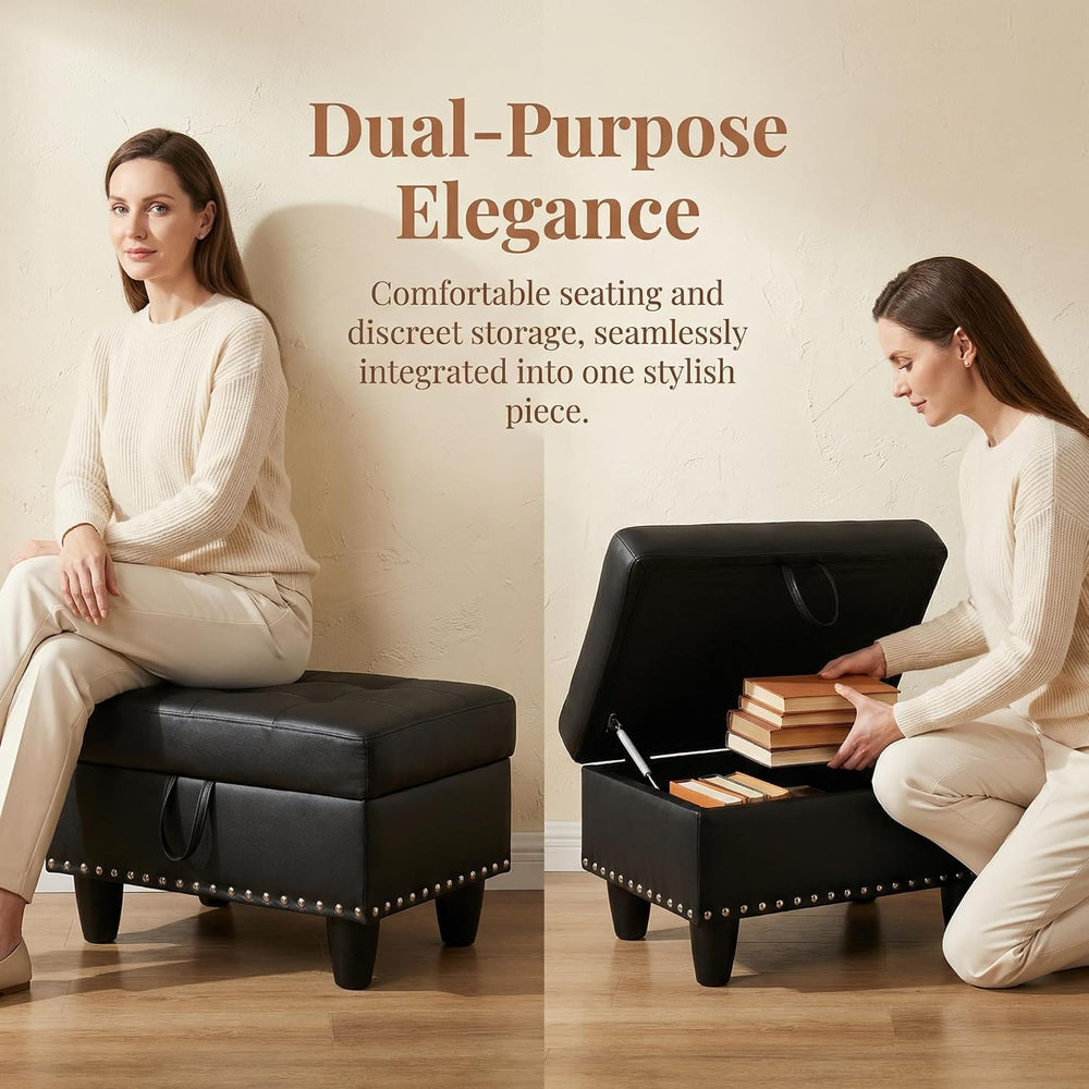 28.5 Inch Storage Ottoman Bench with Hidden Storage, PU Leather Upholstered F...